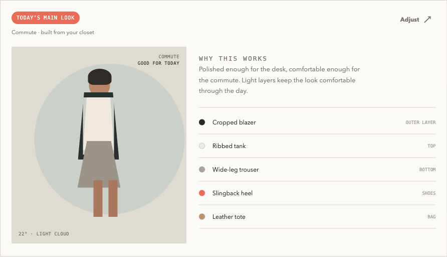 Product prototype showing one outfit suggestion and the pieces used.