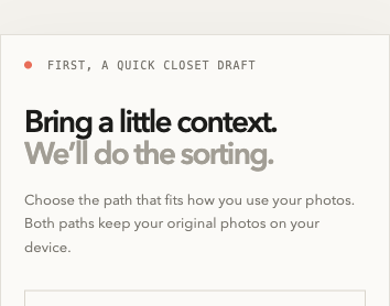 Product prototype showing the beginning of an editable closet draft.